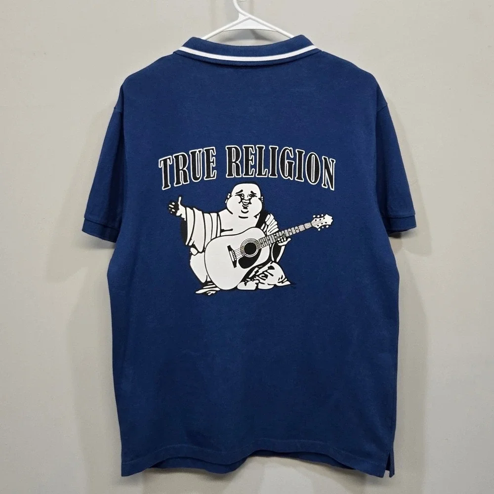 True Religion‎ Polo Shirt Mens Small Blue Big Buddha Guitar Logo Y2K Streetwear